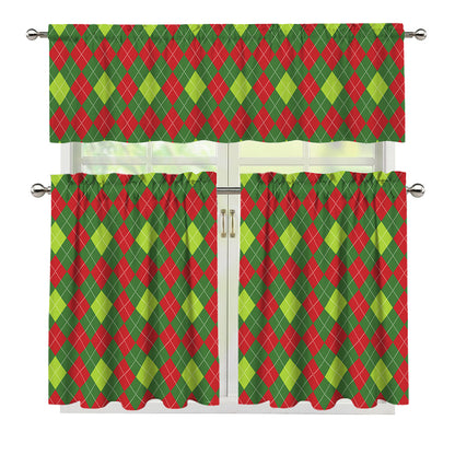 Green And Red Christmas Argyle Print 3 Piece Kitchen Curtains