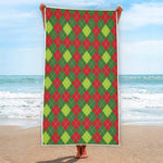 Green And Red Christmas Argyle Print Beach Towel