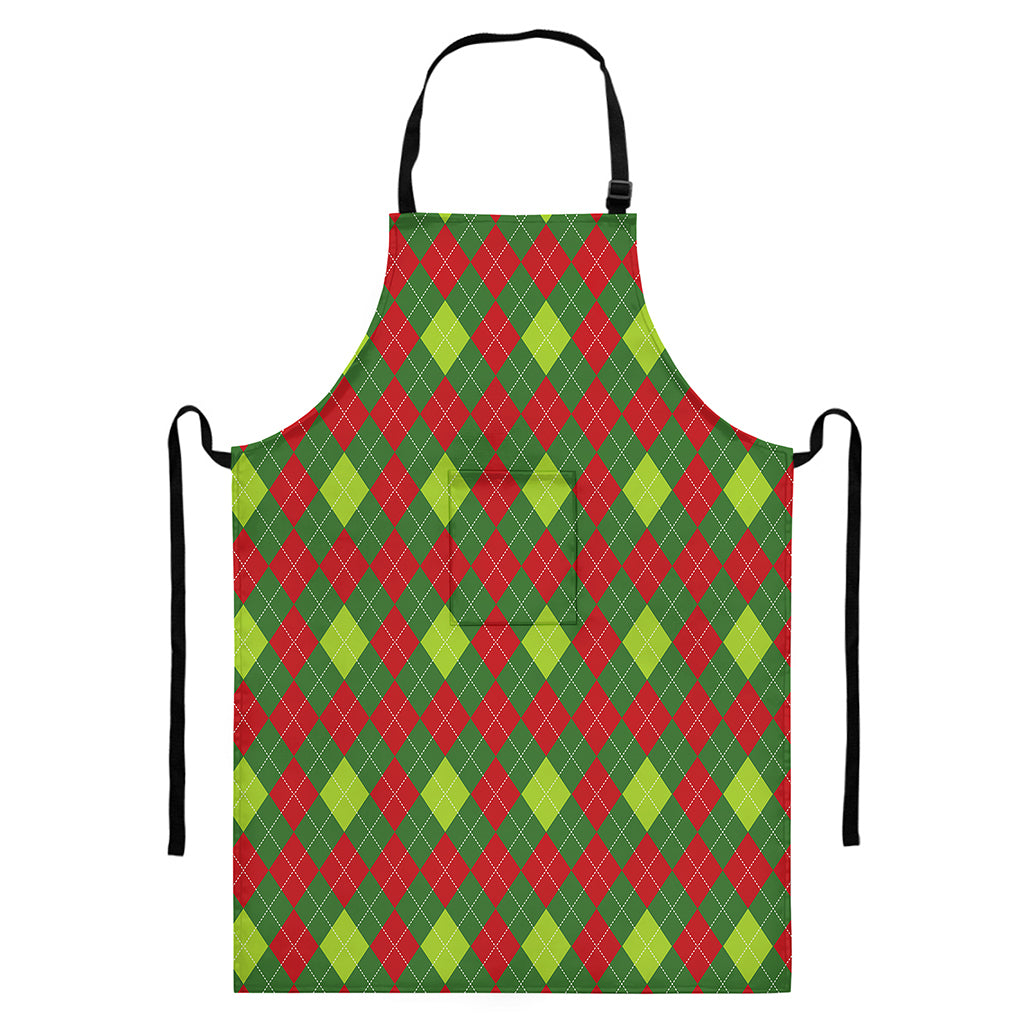 Green And Red Christmas Argyle Print Bib Apron With Pocket
