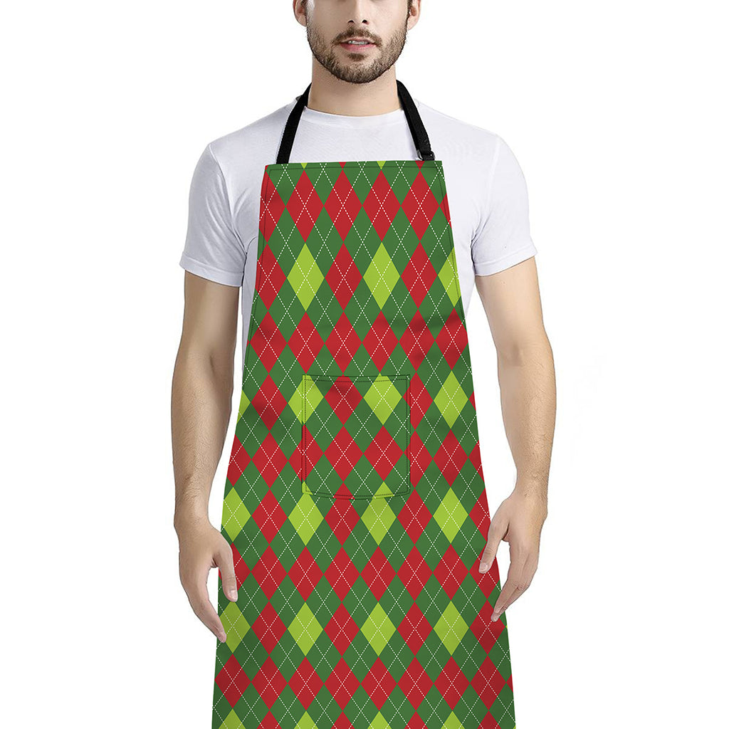 Green And Red Christmas Argyle Print Bib Apron With Pocket