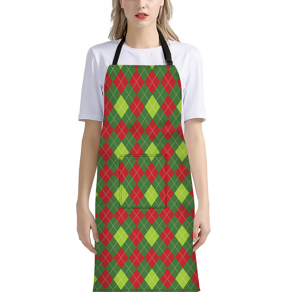 Green And Red Christmas Argyle Print Bib Apron With Pocket