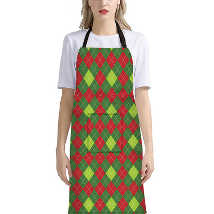 Green And Red Christmas Argyle Print Bib Apron With Pocket
