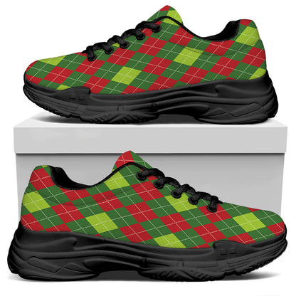Green And Red Christmas Argyle Print Black Chunky Shoes