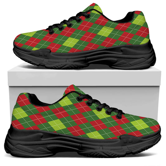 Green And Red Christmas Argyle Print Black Chunky Shoes
