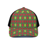 Green And Red Christmas Argyle Print Black Mesh Trucker Cap
