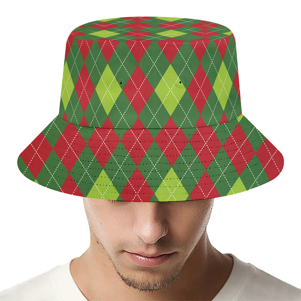 Green And Red Christmas Argyle Print Bucket Hat