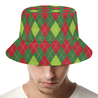 Green And Red Christmas Argyle Print Bucket Hat