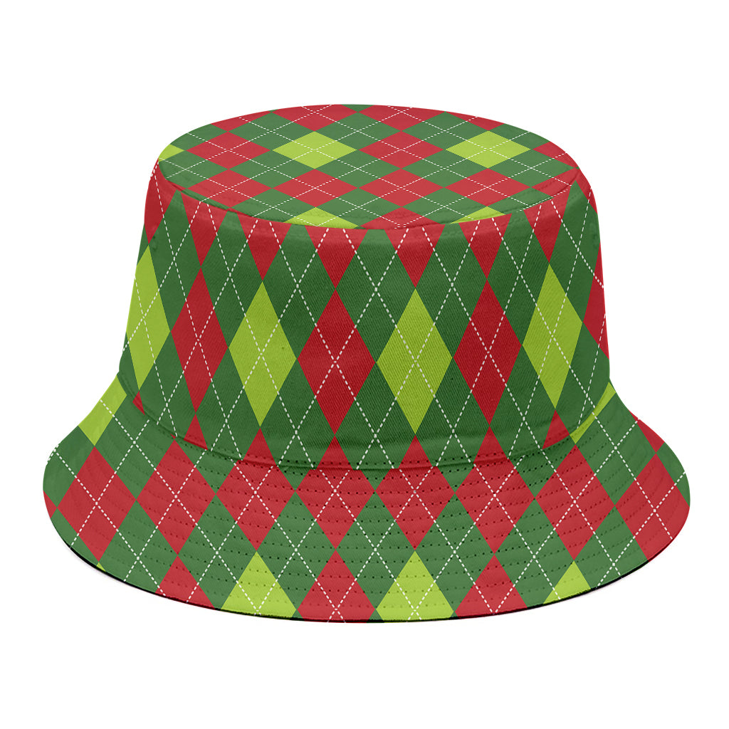 Green And Red Christmas Argyle Print Bucket Hat