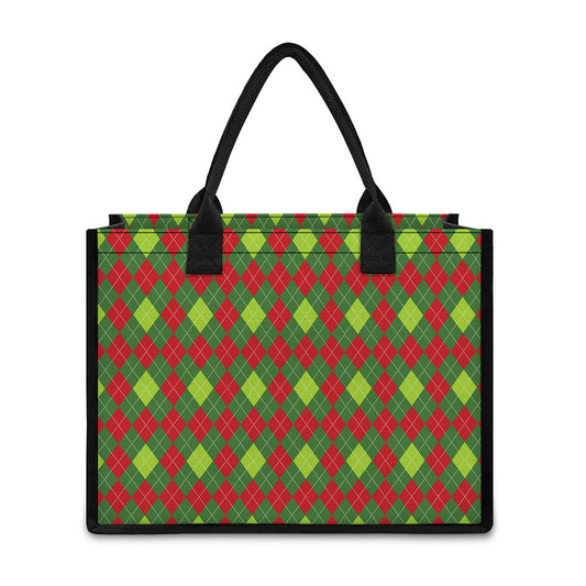 Green And Red Christmas Argyle Print Canvas Tote Bag