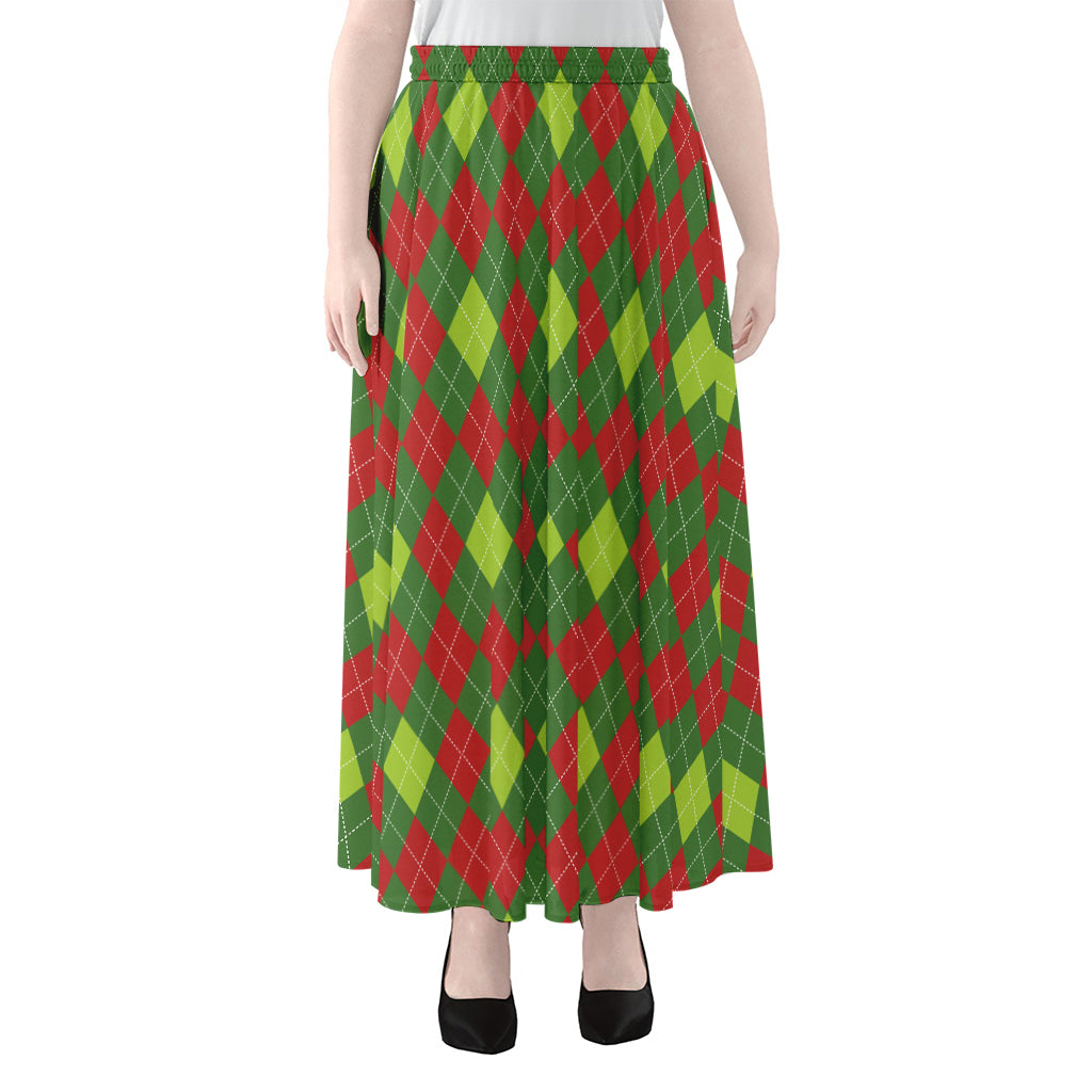 Green And Red Christmas Argyle Print Chiffon Maxi Skirt