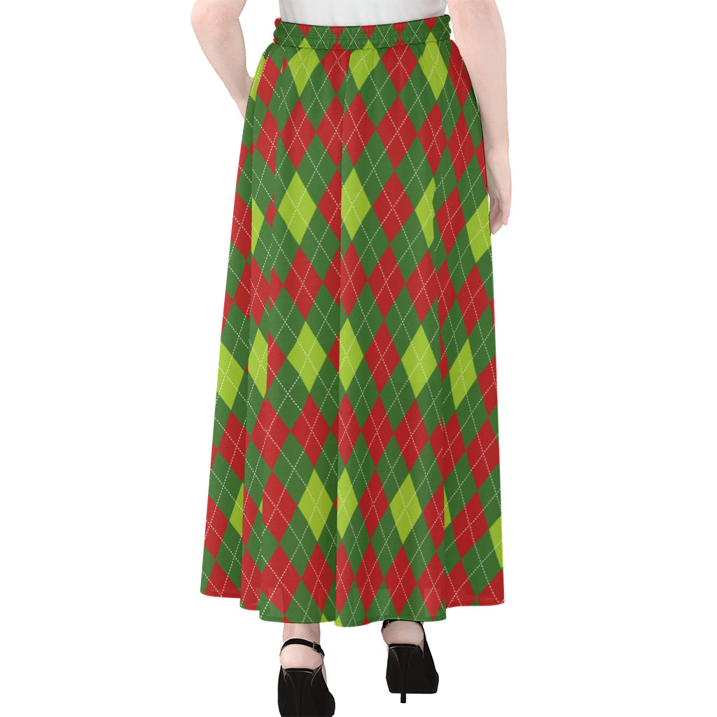 Green And Red Christmas Argyle Print Chiffon Maxi Skirt