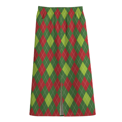 Green And Red Christmas Argyle Print Cotton Front Slit Maxi Skirt