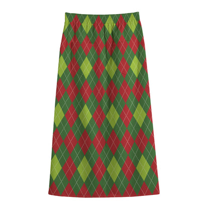 Green And Red Christmas Argyle Print Cotton Front Slit Maxi Skirt