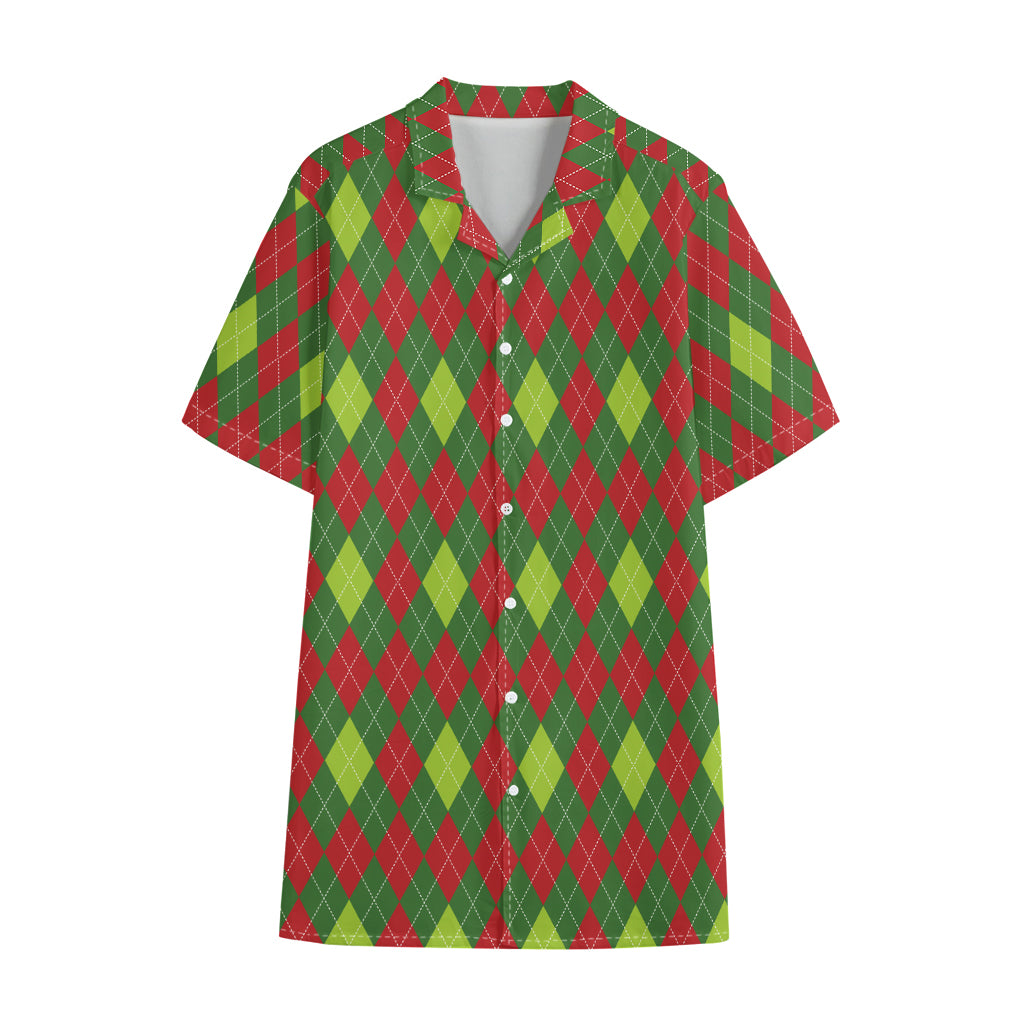 Green And Red Christmas Argyle Print Cotton Hawaiian Shirt