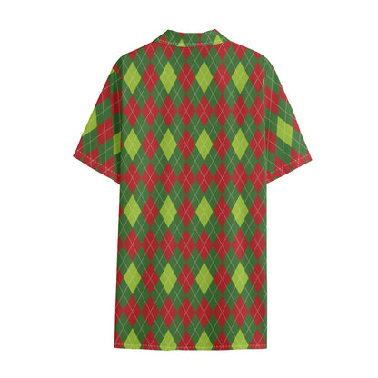 Green And Red Christmas Argyle Print Cotton Hawaiian Shirt