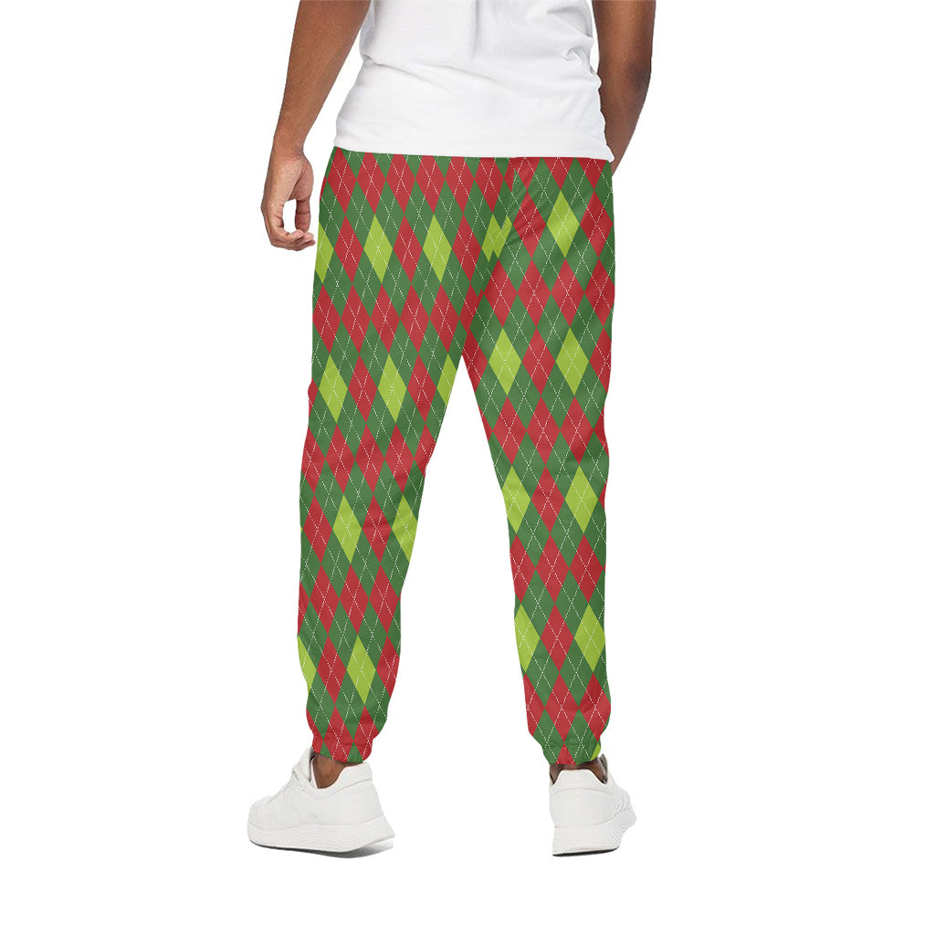 Green And Red Christmas Argyle Print Cotton Pants