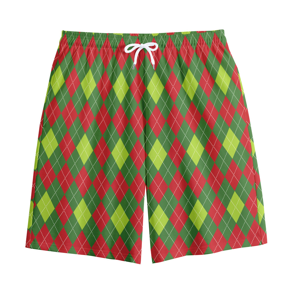 Green And Red Christmas Argyle Print Cotton Shorts