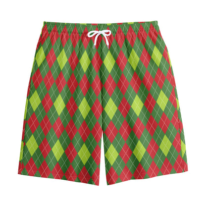 Green And Red Christmas Argyle Print Cotton Shorts