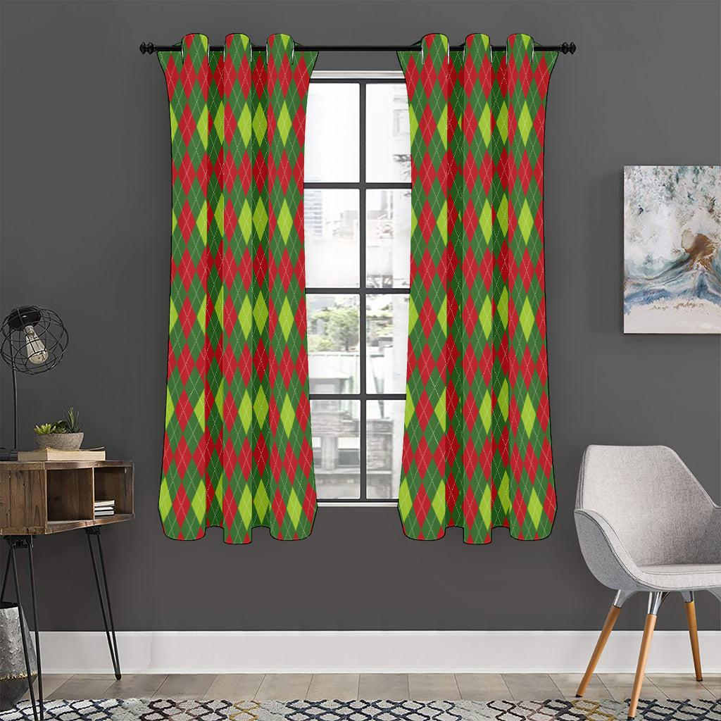 Green And Red Christmas Argyle Print Curtain
