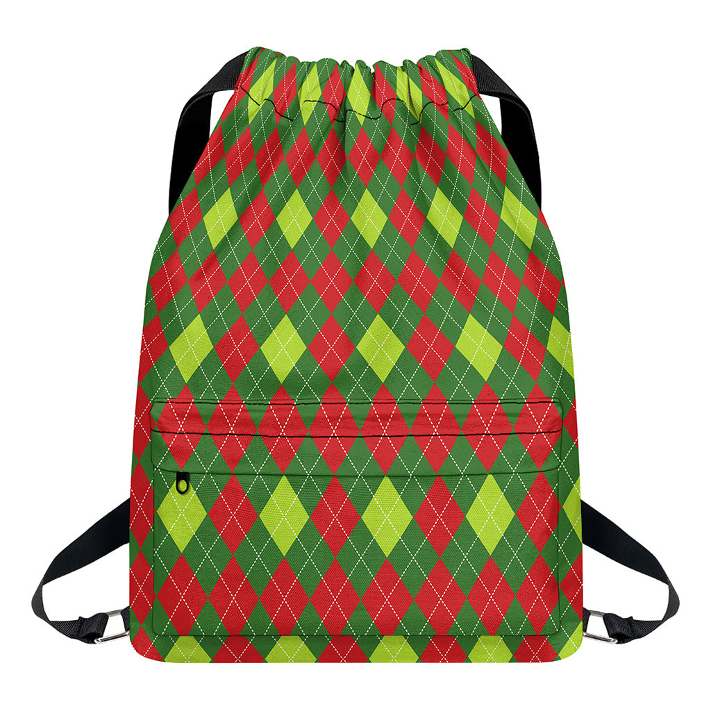 Green And Red Christmas Argyle Print Drawstring Backpack