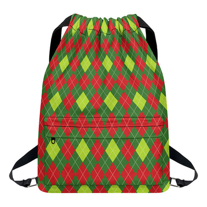 Green And Red Christmas Argyle Print Drawstring Backpack