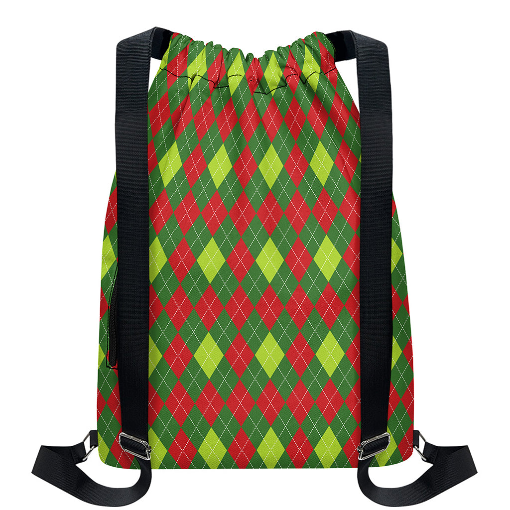 Green And Red Christmas Argyle Print Drawstring Backpack