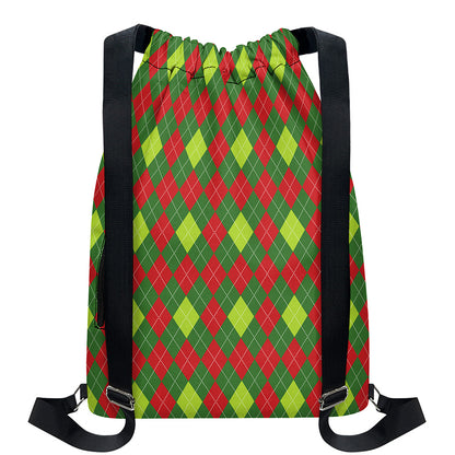 Green And Red Christmas Argyle Print Drawstring Backpack