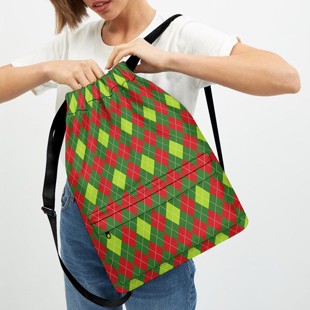 Green And Red Christmas Argyle Print Drawstring Backpack