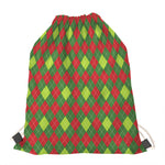 Green And Red Christmas Argyle Print Drawstring Bag