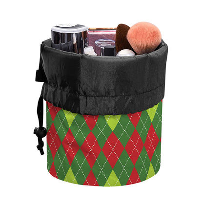 Green And Red Christmas Argyle Print Drawstring Makeup Bag