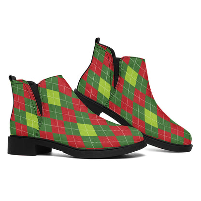 Green And Red Christmas Argyle Print Flat Ankle Boots
