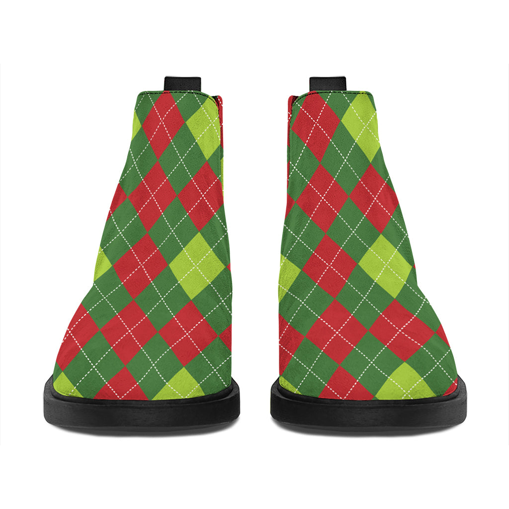 Green And Red Christmas Argyle Print Flat Ankle Boots