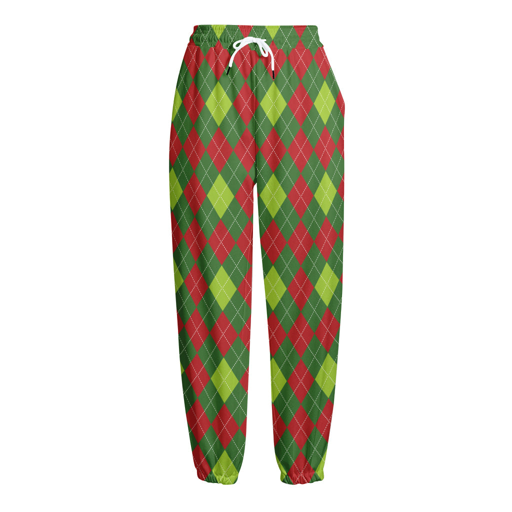 Green And Red Christmas Argyle Print Fleece Lined Knit Pants