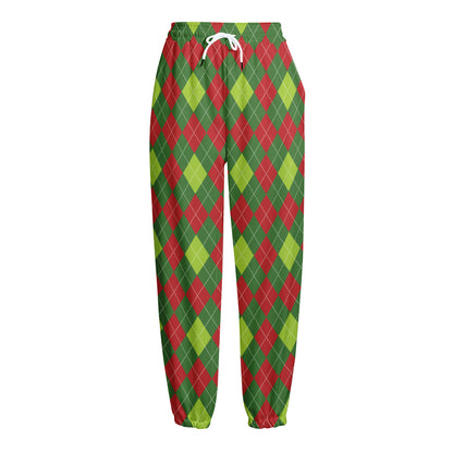 Green And Red Christmas Argyle Print Fleece Lined Knit Pants