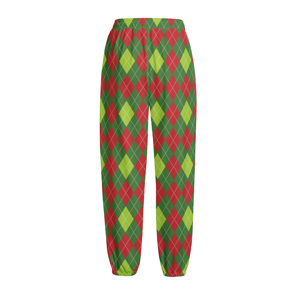 Green And Red Christmas Argyle Print Fleece Lined Knit Pants