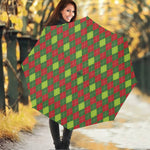 Green And Red Christmas Argyle Print Foldable Umbrella