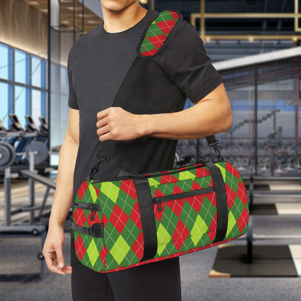 Green And Red Christmas Argyle Print Gym Bag