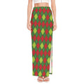 Green And Red Christmas Argyle Print High Slit Maxi Skirt
