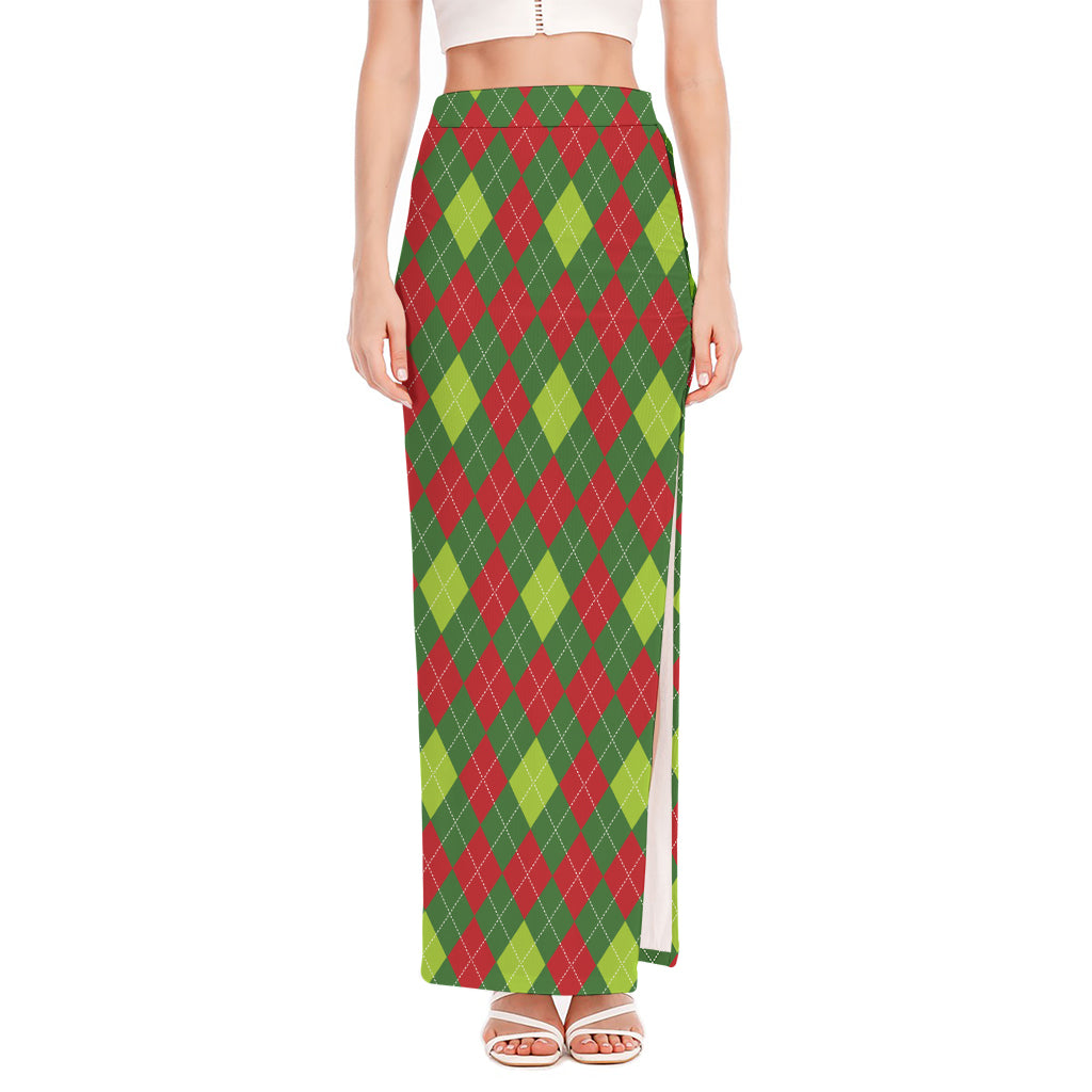 Green And Red Christmas Argyle Print High Slit Maxi Skirt