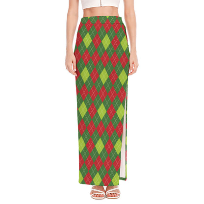 Green And Red Christmas Argyle Print High Slit Maxi Skirt
