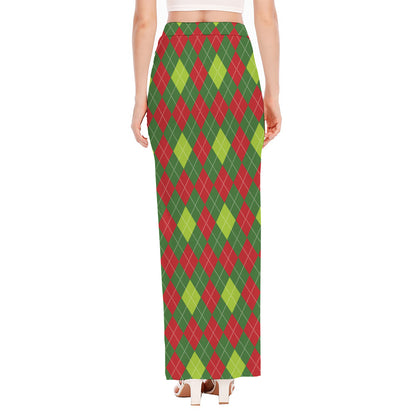 Green And Red Christmas Argyle Print High Slit Maxi Skirt