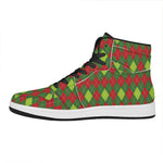 Green And Red Christmas Argyle Print High Top Leather Sneakers