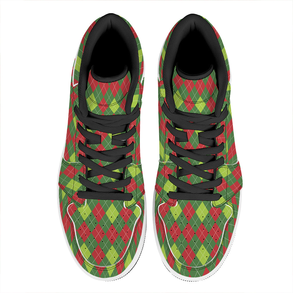 Green And Red Christmas Argyle Print High Top Leather Sneakers