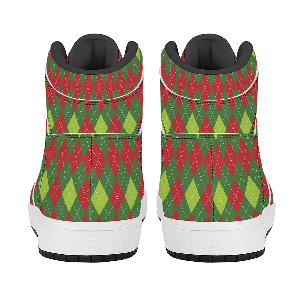 Green And Red Christmas Argyle Print High Top Leather Sneakers