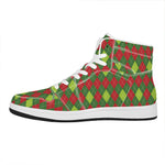 Green And Red Christmas Argyle Print High Top Leather Sneakers