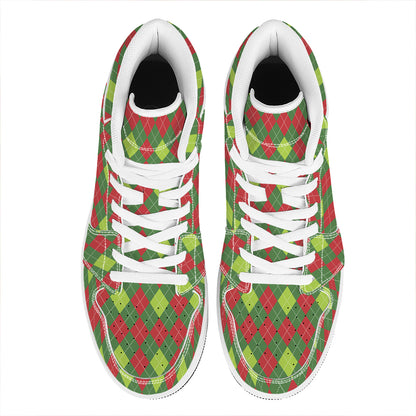 Green And Red Christmas Argyle Print High Top Leather Sneakers