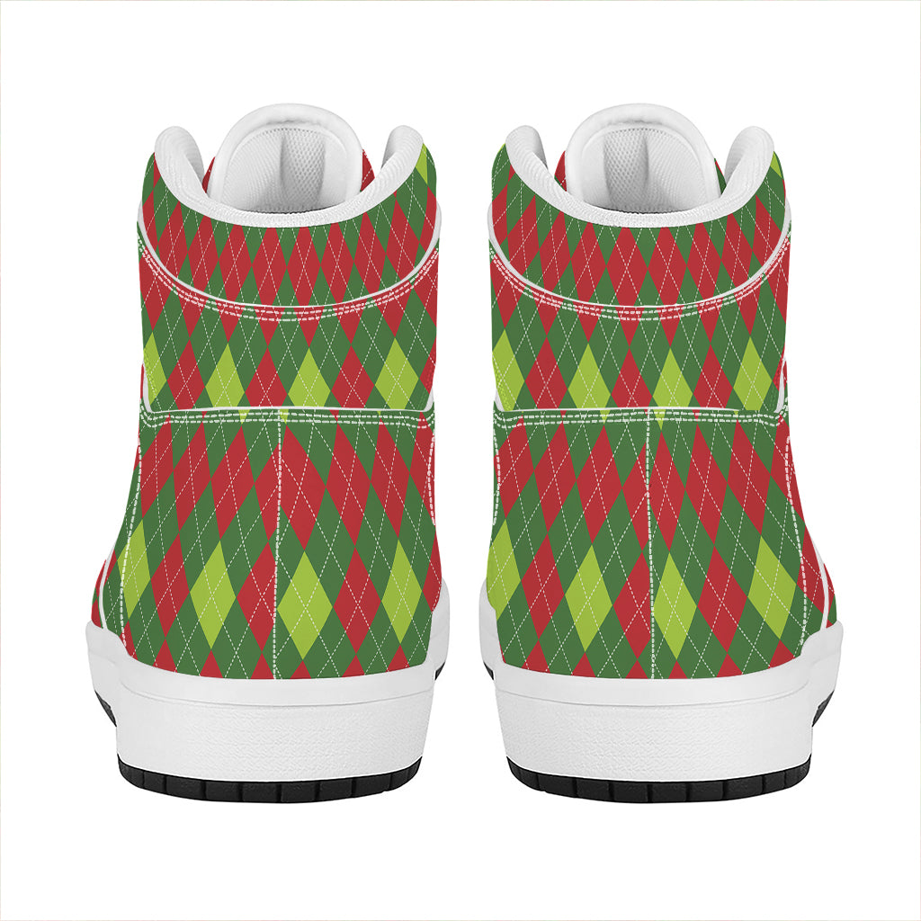 Green And Red Christmas Argyle Print High Top Leather Sneakers