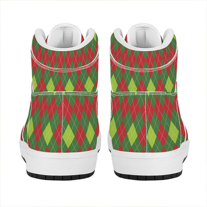 Green And Red Christmas Argyle Print High Top Leather Sneakers