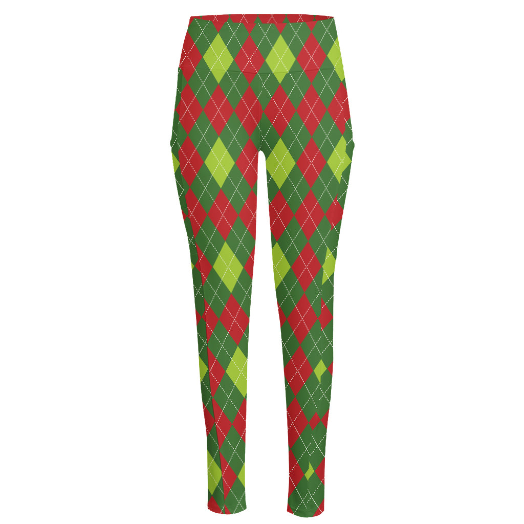 Green And Red Christmas Argyle Print High-Waisted Pocket Leggings