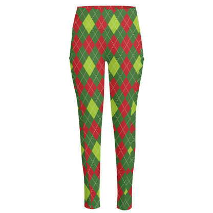 Green And Red Christmas Argyle Print High-Waisted Pocket Leggings